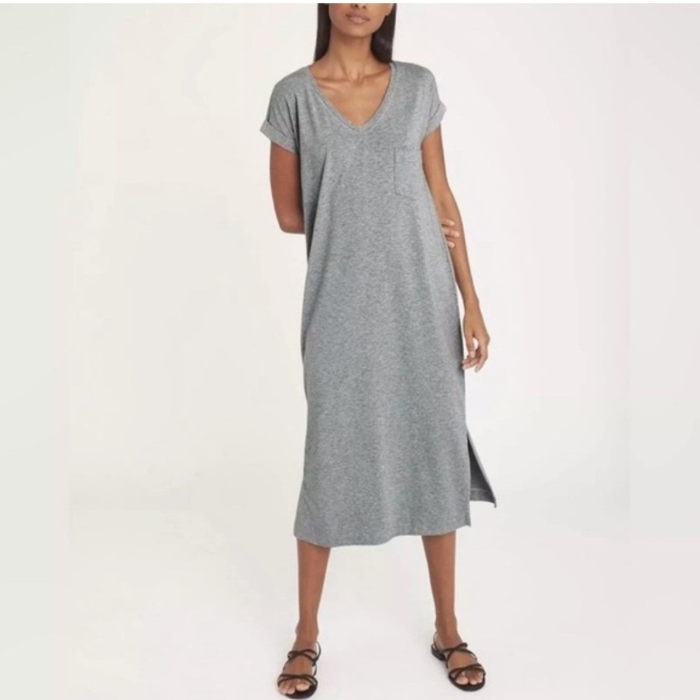 Cuyana Pima Cotton V-Neck Short Sleeve Midi Dress Heather Grey SM Pocket Slit